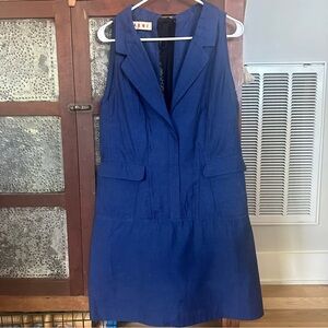 MARNI Sleeveless Navy Cotton Silk Blend Dress Size 8 Collar Pockets Tie on Neck